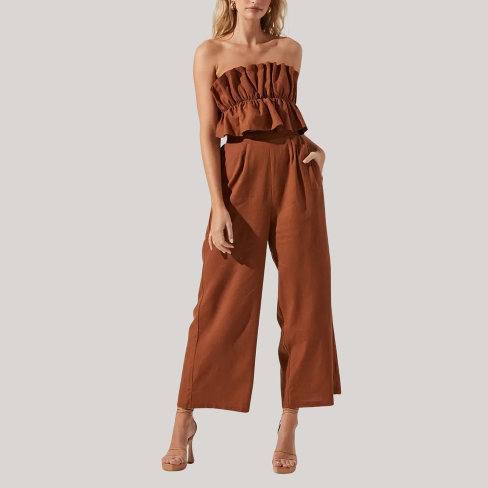 ASTR The Label Ruffle Bodice Tie Back Strapless Cotton Linen Jumpsuit Brown S - Picture 2 of 13